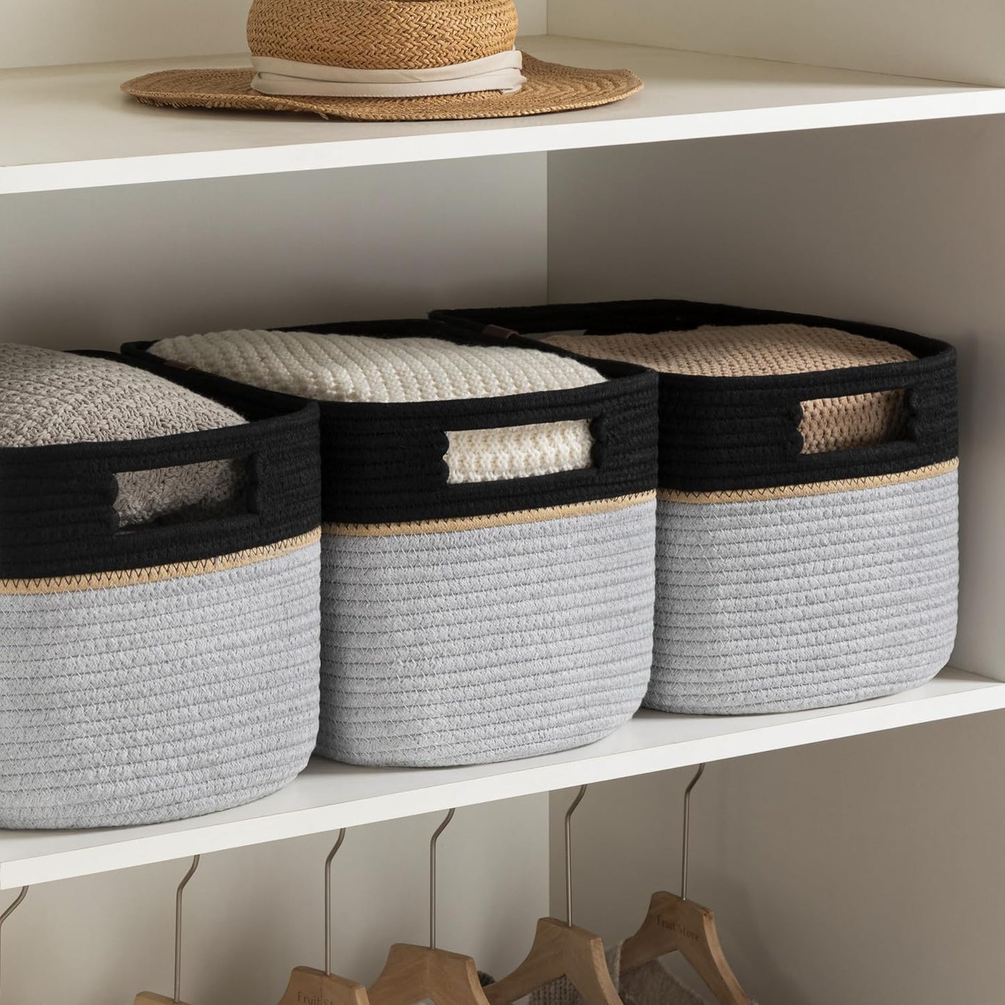 UBBCARE 4 Pack Baskets for Organizing, Woven Storage Baskets with Label for Toys and Towel, Rectangle Cotton Rope Basket with Handles, 15''L x10''W x9''H, Black&Grey