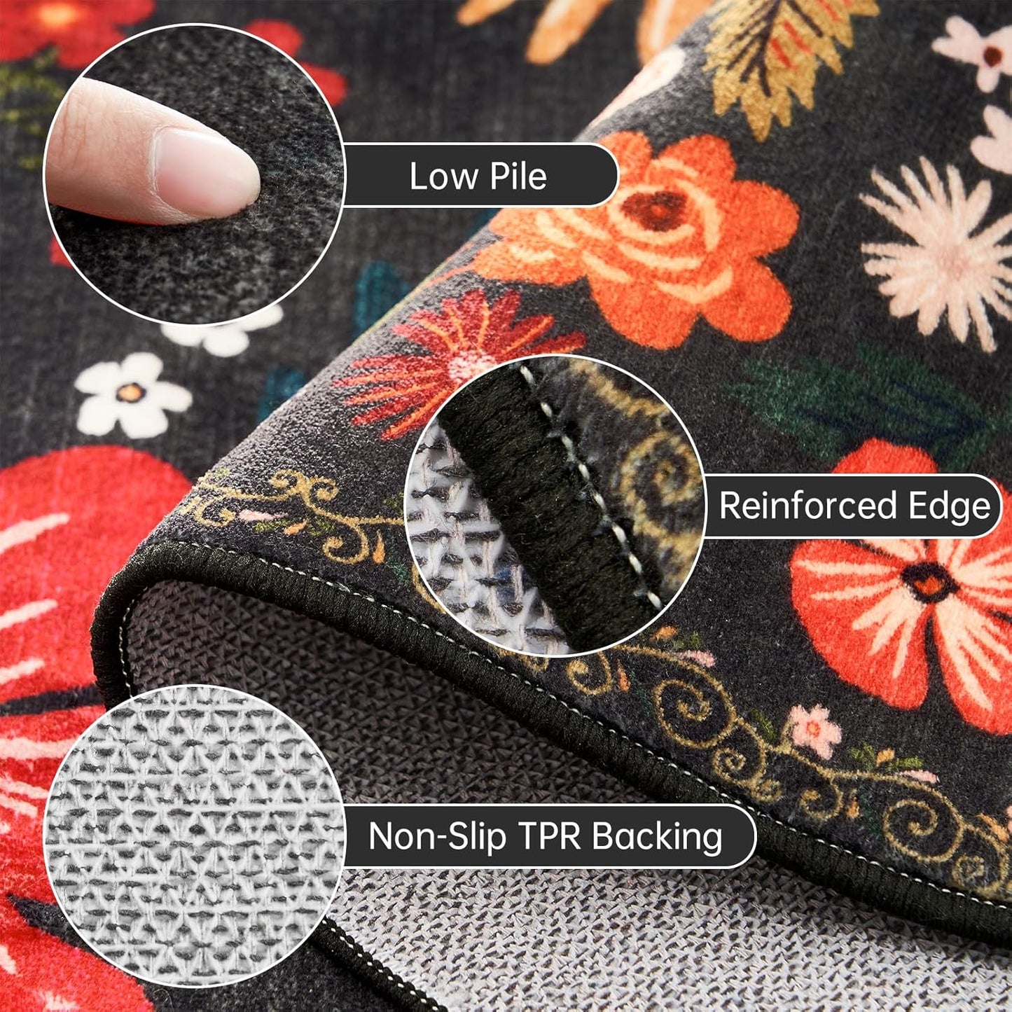 Area Rugs 3x5 for Living Room Machine Washable Soft Faux Fur Black Small Carpet Rug Low Pile Non Slip Stain Resistant Vintage Boho Floral Rugs for Bedside Indoor Entrance Nursery Study Room