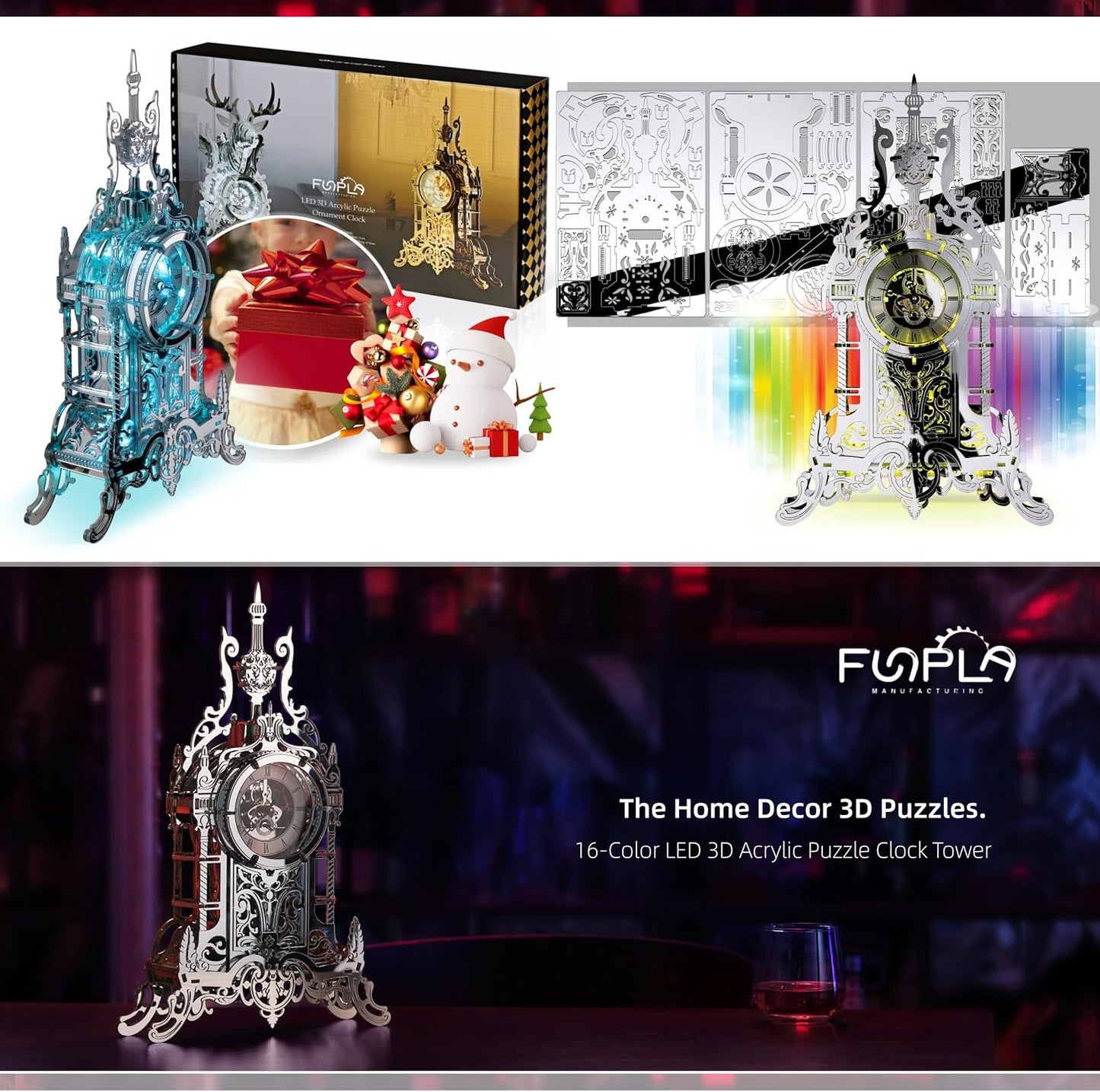 LED 3D Puzzle Tower Clock for Adults - Elegant Home Décor Building Model with Color-Changing LEDs - Ideal Acrylic Puzzle Gifts for Teens and Adults