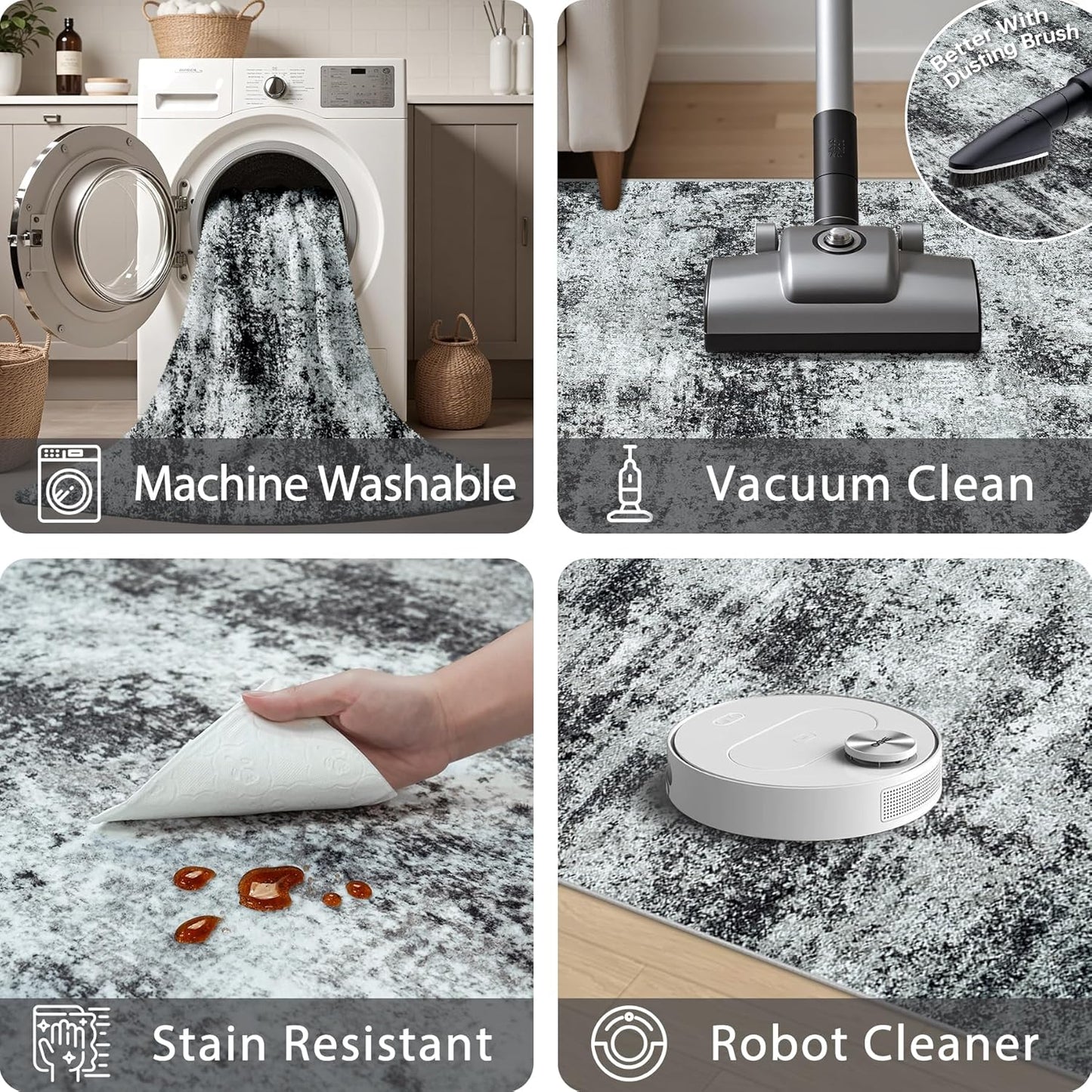 Washable Rug 6x9 Area Rugs: Abstract Washable Rugs with Non-Slip Backing, Stain Resistant Indoor Floor Carpet for Bedroom Dining Room Table Nursery Hallway Home Office Dark Black/Gray