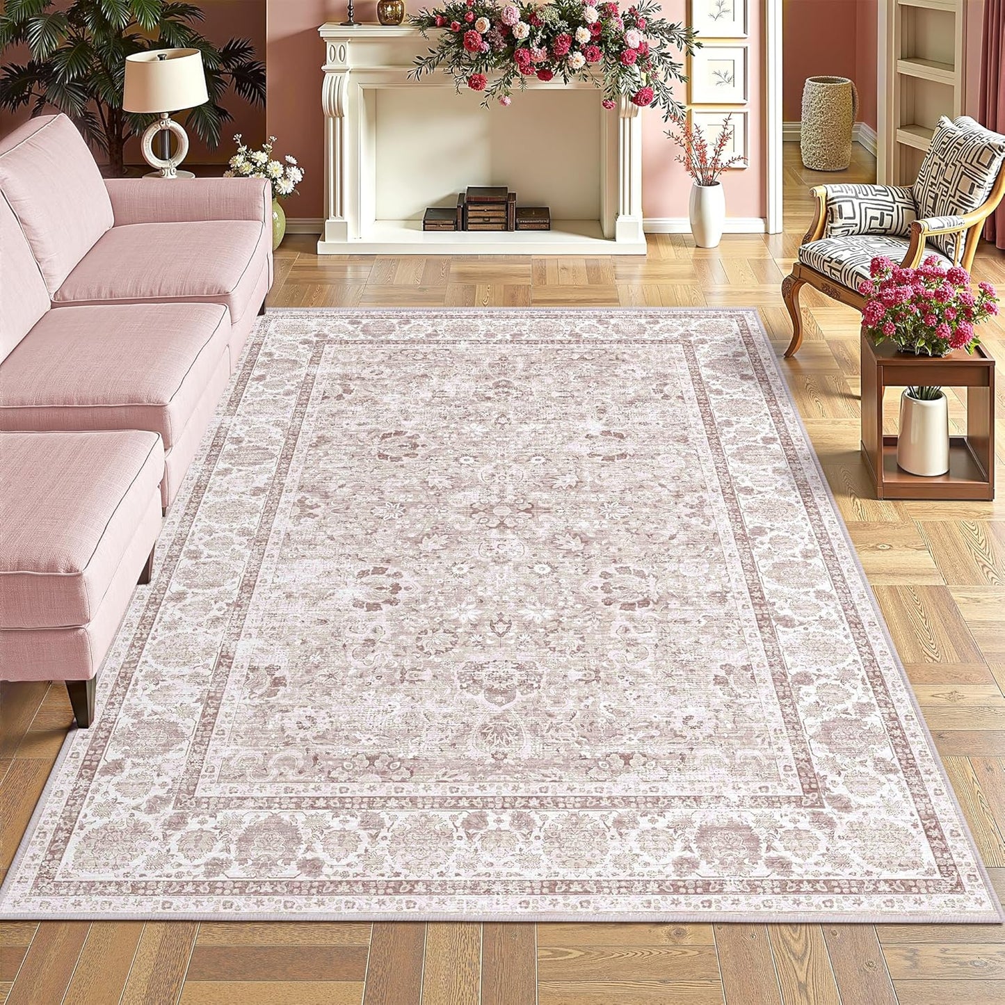 Light Pink 4x6 Rugs for Bedroom Nursery Rug Vintage Aesthetic Cute Boho Floral Washable Area Rug Indoor Carpet for Kids Room Playroom Living Room