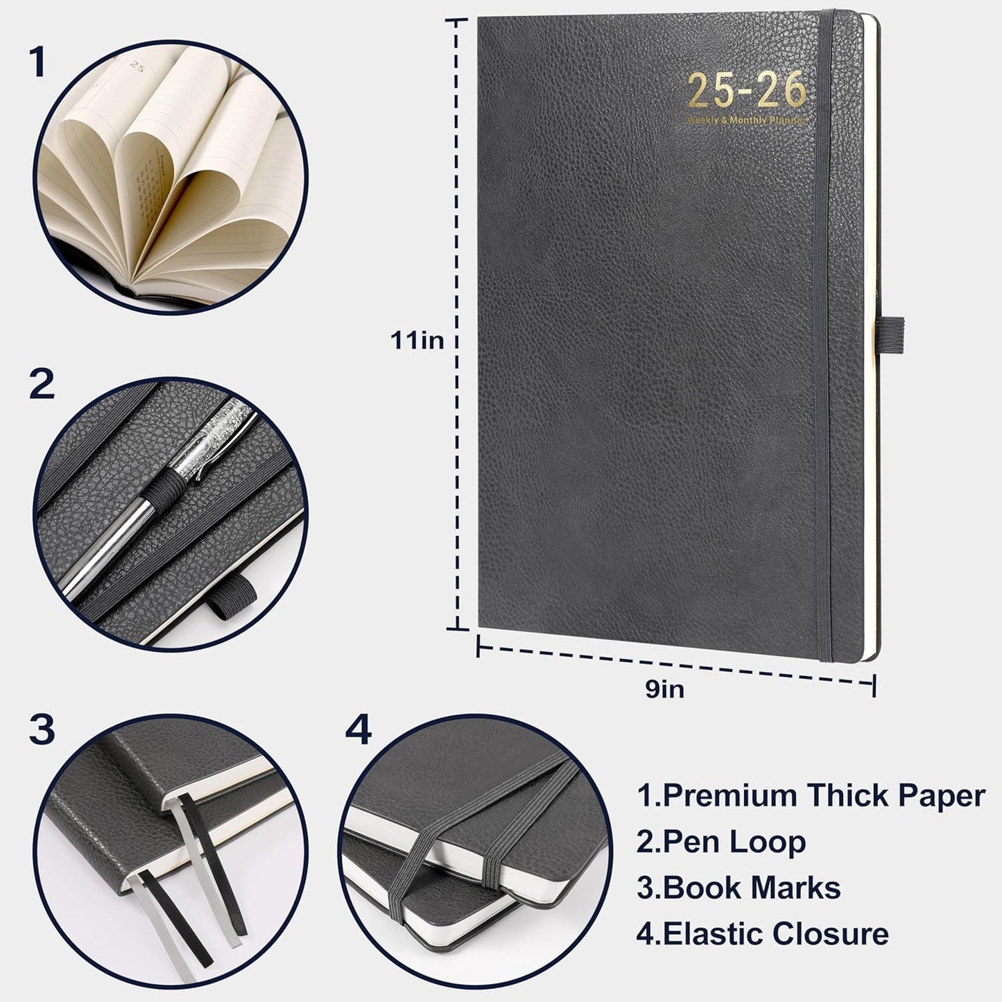 Planner 2025-2026 - 2025-2026 Planner Weekly and Monthly, Jul. 2025 - Jun. 2026, 8.5" x 11", Leather Cover Planners with Thick Paper, Back Pocket with Notes Pages - Grey