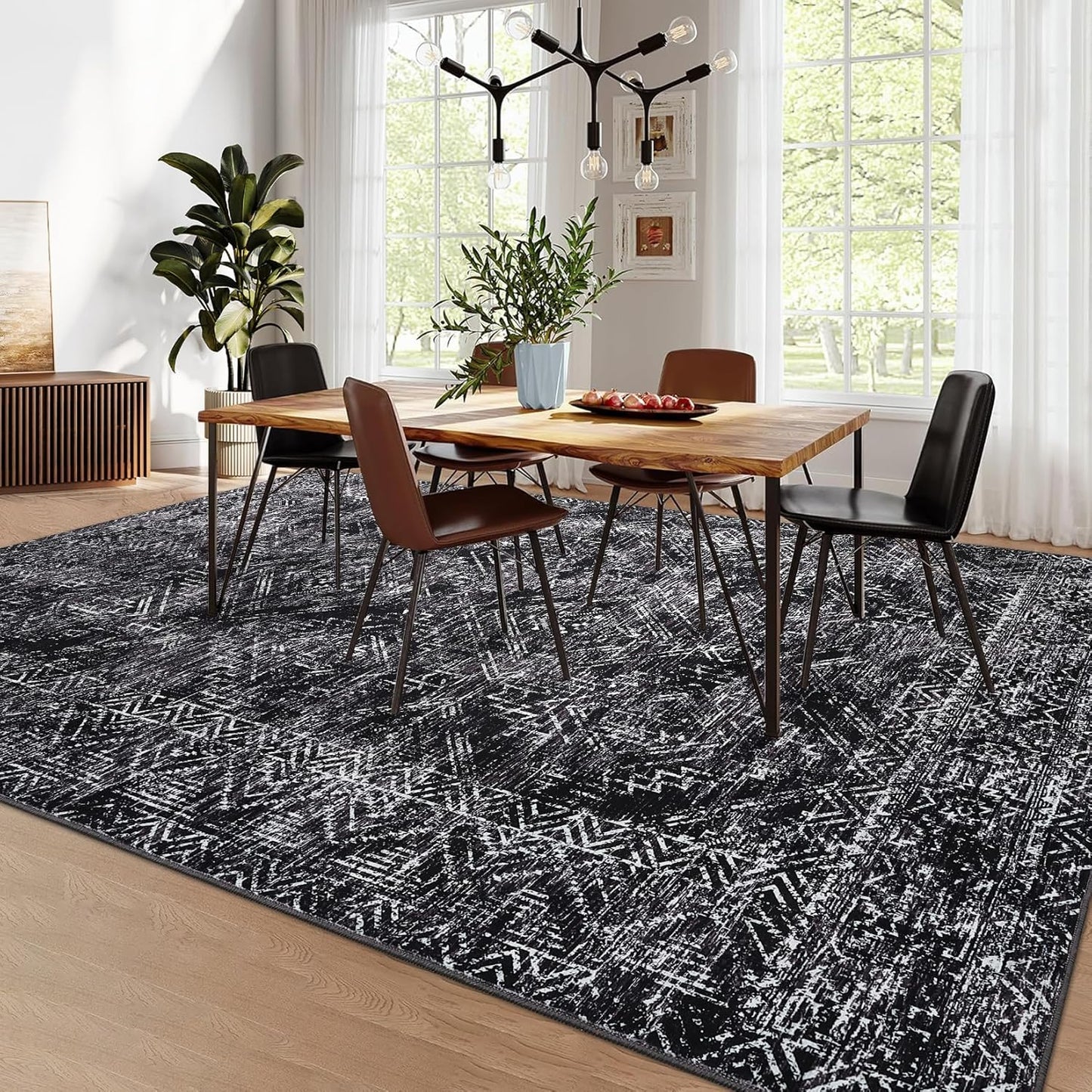 COZYLOOM Area Rug for Bedroom 5x7 Machine Washable Rugs for Living Room Modern Abstract Floor Cover Non Slip Low Pile Geometric Mats Stain Resistant Soft Carpet for Dining Room, Black