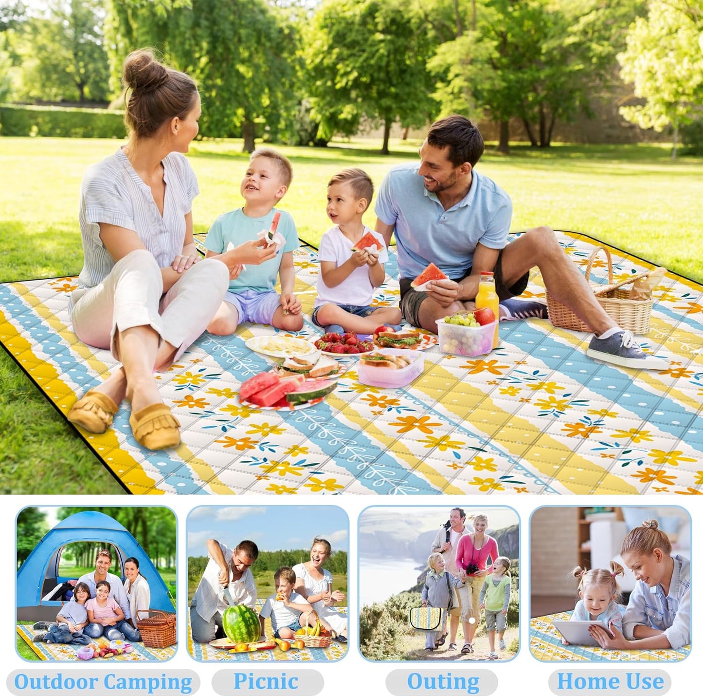 Extra Large Picnic Blanket Waterproof,80"x 80"Foldable Machine Washable Beach Blanket,Outdoor Blanket for 6-8 Adults,Suitable for Indoor Crawling,Park Beach,Camping,Hiking,Family Travel(Floral Print)