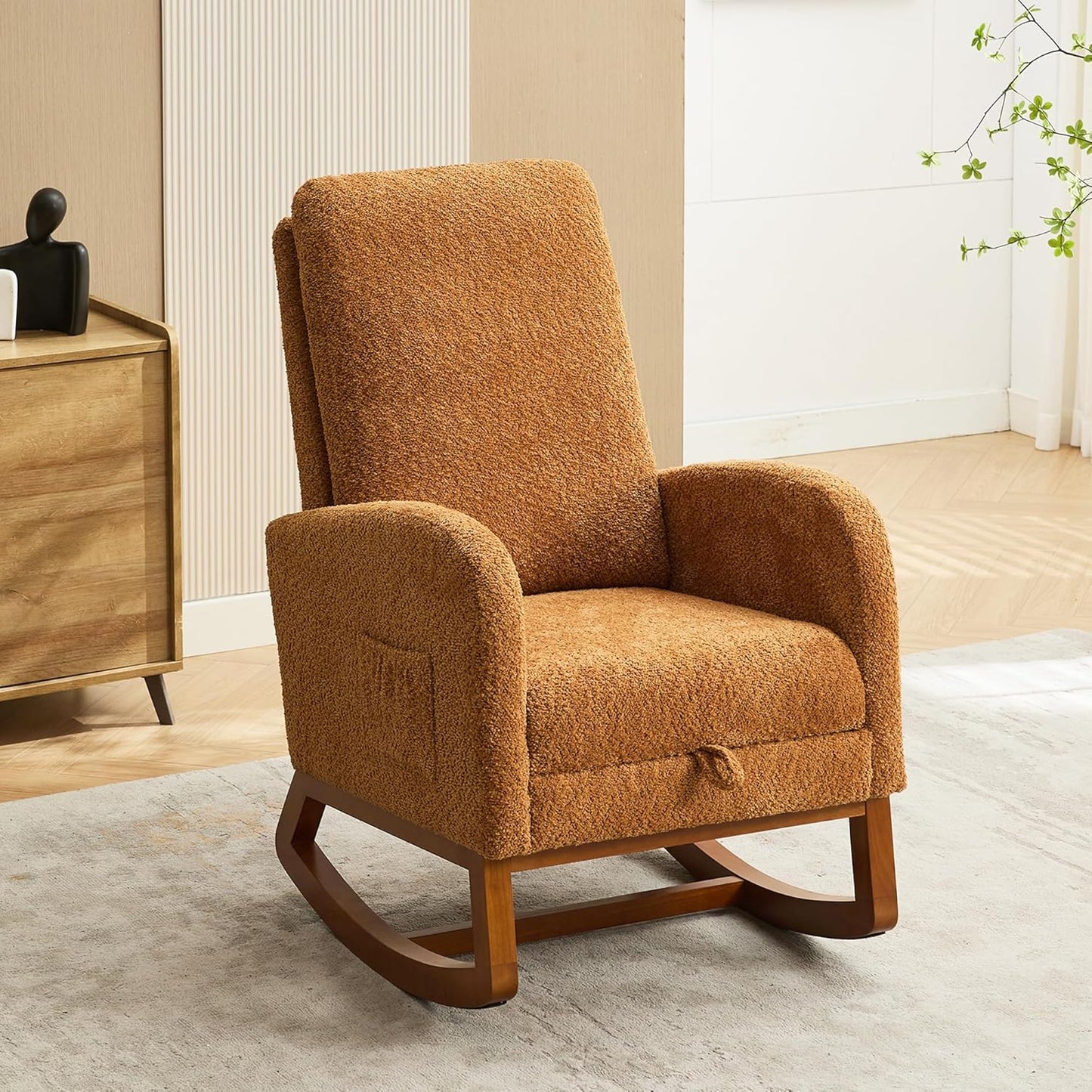 Nursery Rocking Chair with Foot Rest, Upholstered Glider Chair with Two Side Pockets, High Back Nursing Chair, Rocker Accent Armchair for Bedroom Living Room (Caramel)