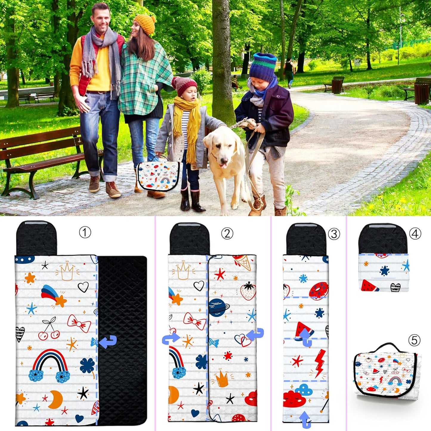 Poedist Extra Large Picnic Blanket Waterproof,80"x 80"Foldable Machine Washable Beach Blanket,Outdoor Blanket for 6-8 Adults,Suitable for Indoor Crawling,Park Beach,Camping,Hiking,Family Travel(Cute)