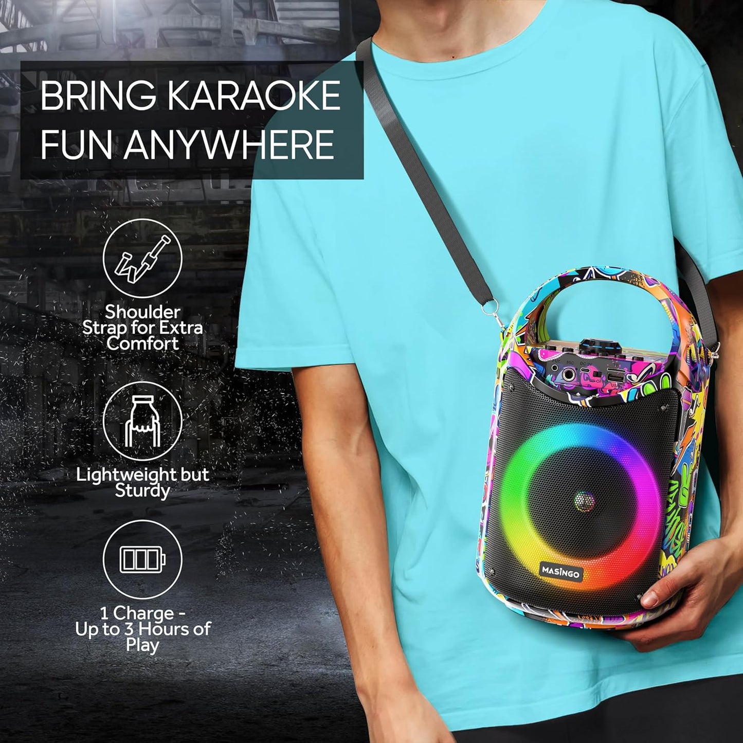 MASINGO Karaoke Machine for Kids and Adults with 2 Wireless Bluetooth Microphones, PA Portable Speaker with Colorful LED Lights, Supports TF Card/USB, AUX/MIC in, TWS for Home Party, Burletta C10 V2