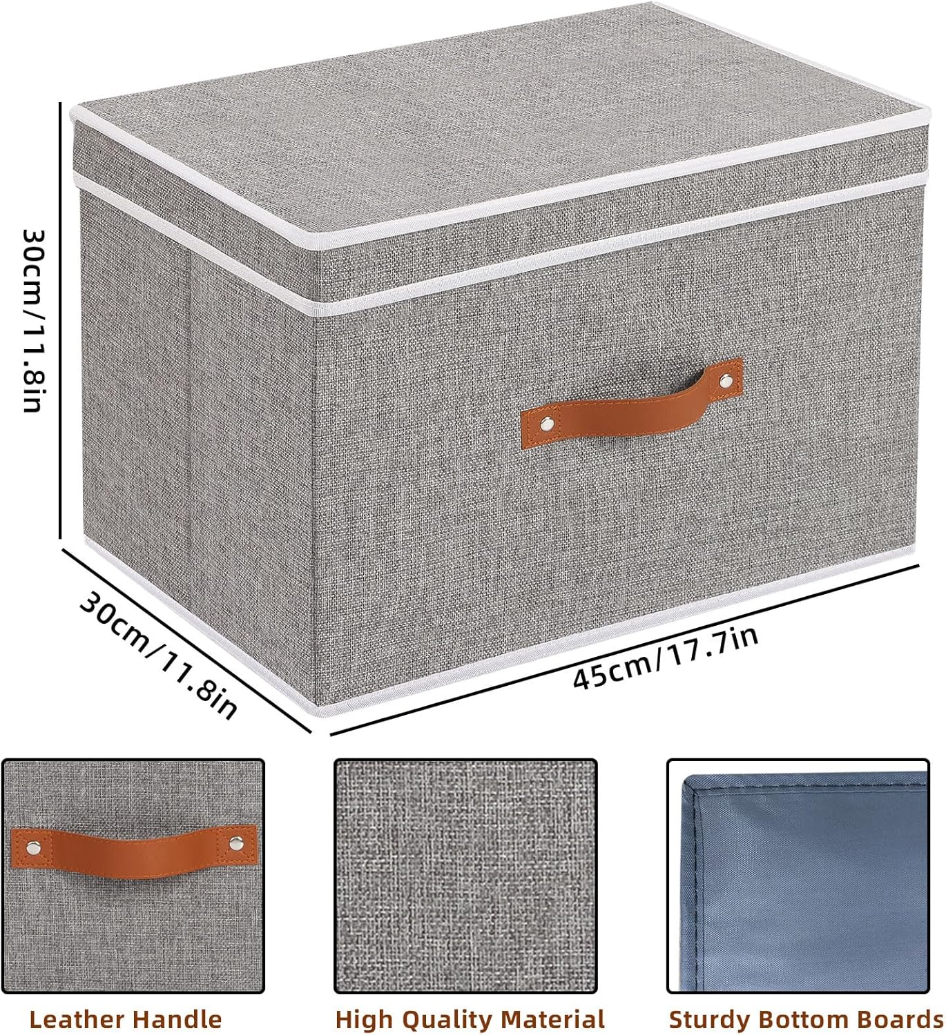 Collapsible Storage Bins with Lids, Linen Foldable Cloth Baskets, 17.7 x 11.8 x 11.8 Inch Closet Organizer Containers with Double Handles, Sweater Boxes for Bedroom, Grey, 5 Pack