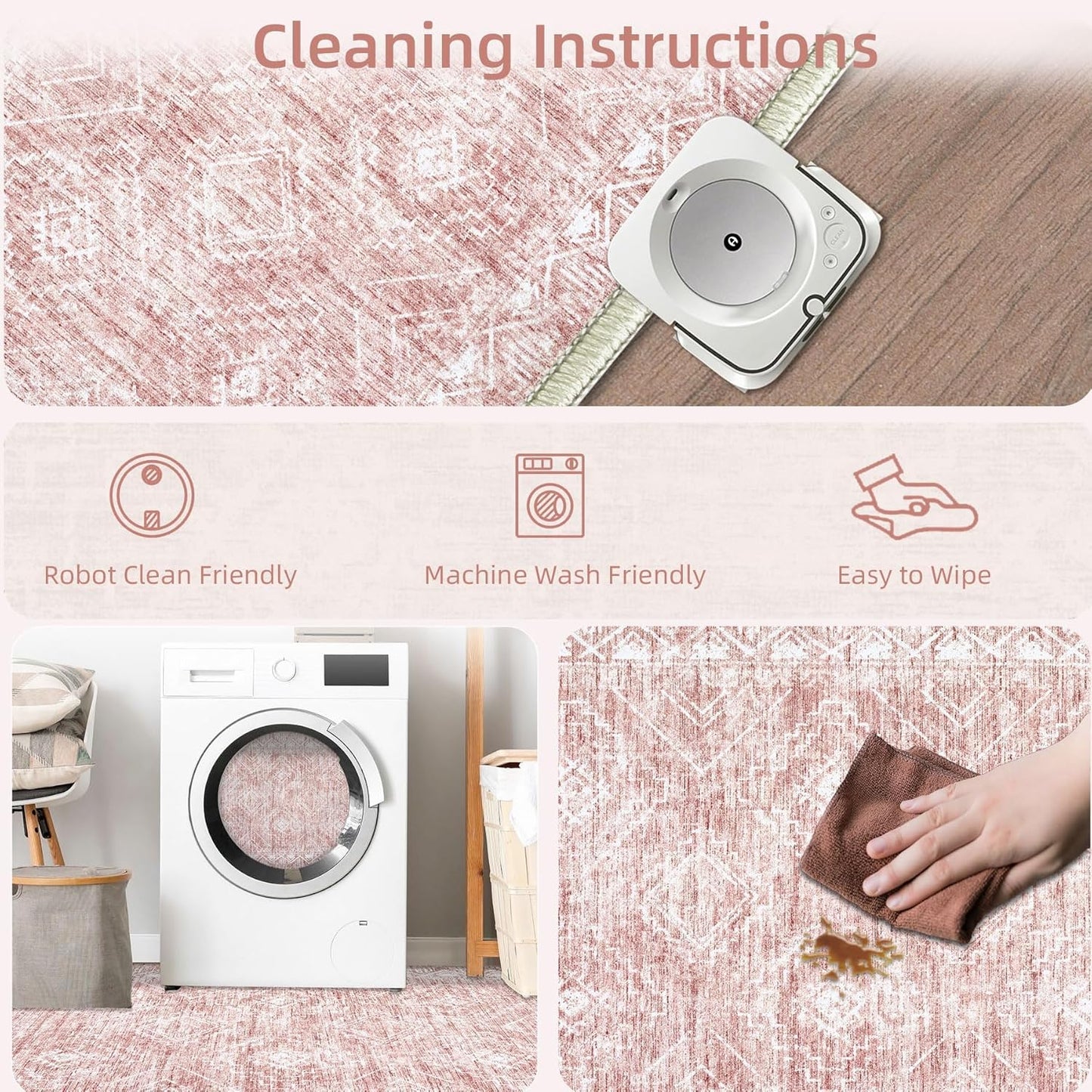 Moroccan Large Area Rug 6x9 - Soft Machine Washable Geometric Boho Distressed Farmhouse Rug Morden Stain Resistant Indoor Floor Carpet for Bedroom Dining Table Nursery Home Office(6'x9',Pink)