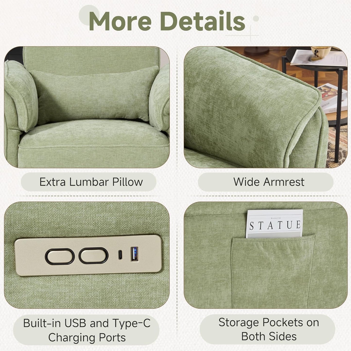 MELLCOM Power Recliner Rocking Chair Nursery Gliders with Adjustable Armrests and Headrest, Swivel Electric Glider Reclining Nursing Chair with USB Port and Storage Bags, FSC Certified(Fabric, Green)