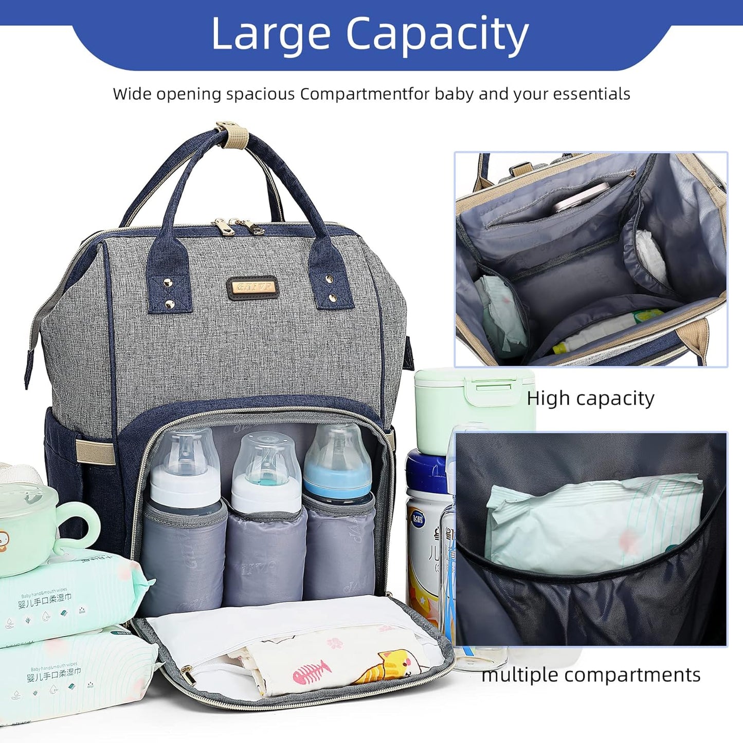 Diaper Bag Backpack, Diaper Bags for Baby Girls Boys, Baby Bags for Moms Dads, Nappy Changing Bag with Insulated Pockets,Multi-functional Waterproof Backpack with Stroller straps- Light Grey Blue