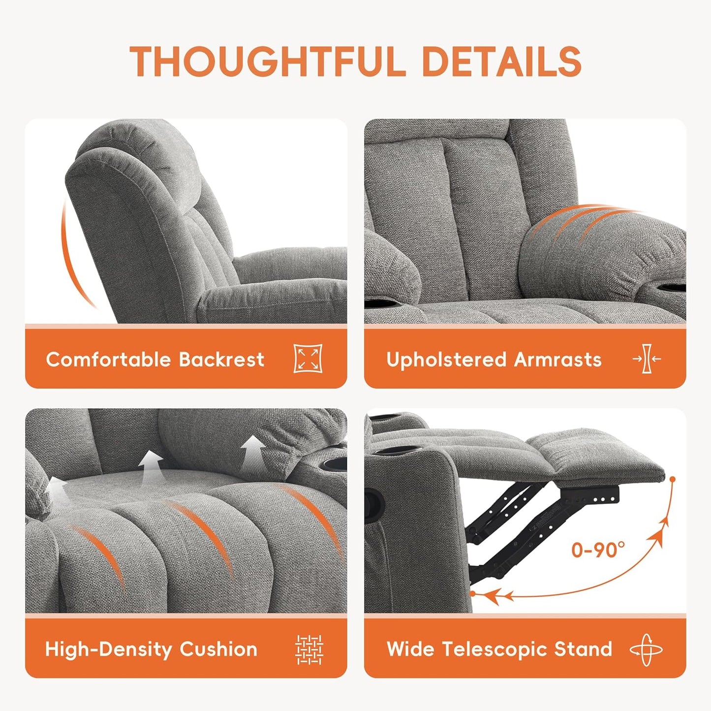 Rocker Swivel Recliner Chair for Adults, Overstuffed Large Manual Recliner Glider with Massage and Heat, Comfy Soft Fabric Living Room Reclining Sofa Chair(Lime Gray)