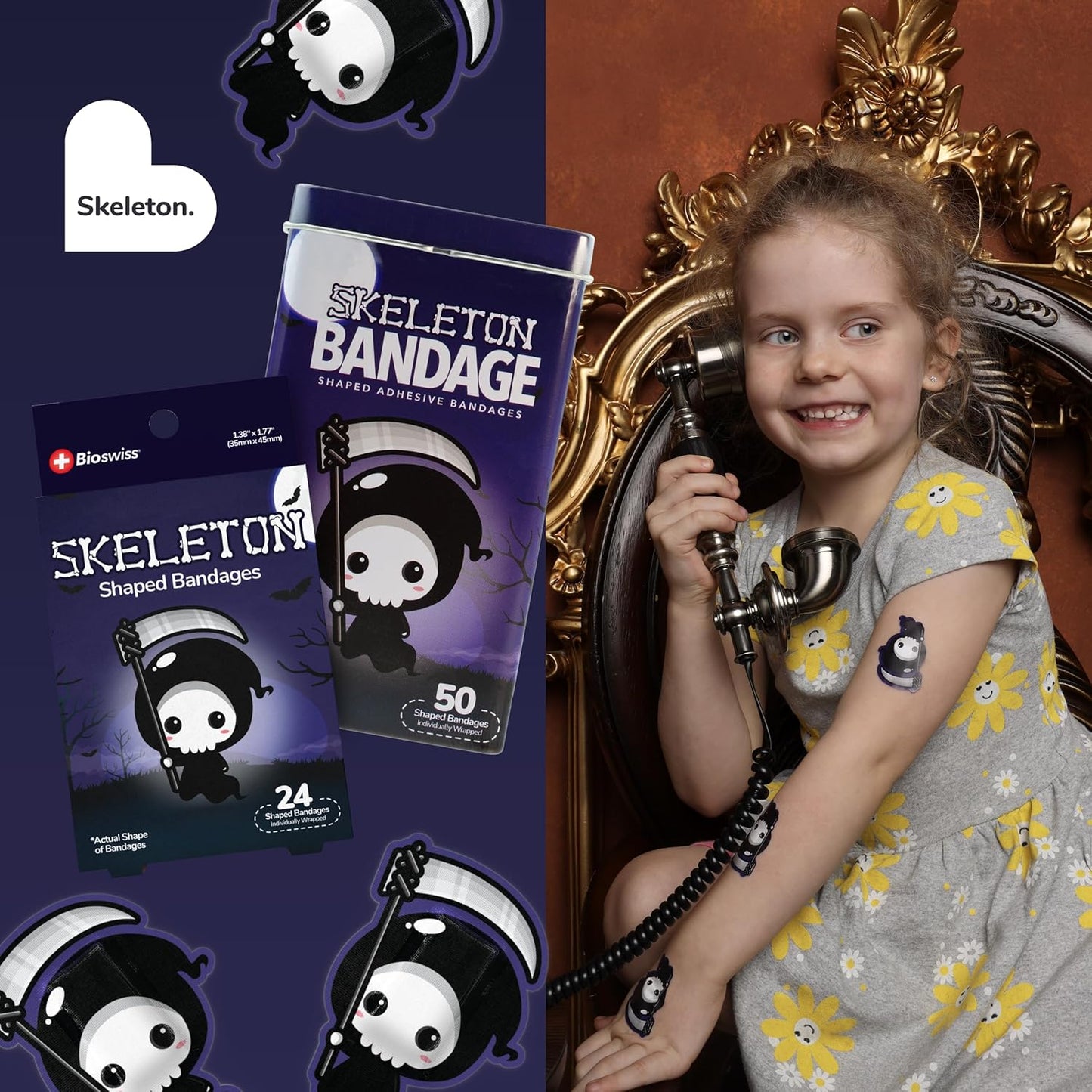 BioSwiss Bandages, Halloween Skeleton Shaped Self Adhesive Bandage, Latex Free Sterile Wound Care, Fun First Aid Kit Supplies for Kids, 50 Count