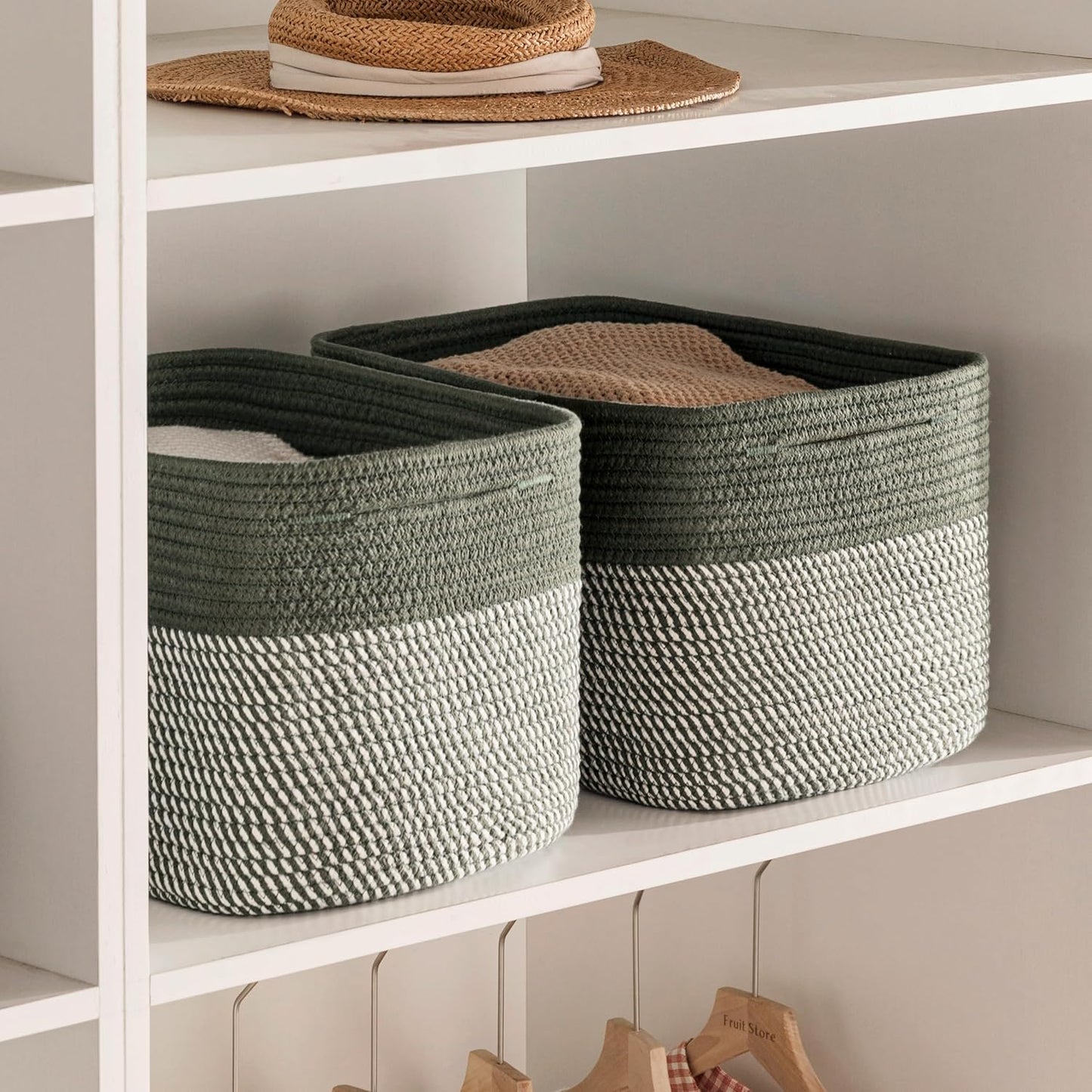 UBBCARE 4 Pack Baskets for Organizing, Woven Storage Baskets for Toys and Towel, Rectangle Cotton Rope Basket with Handles, 15''L x10''W x9''H, Mixed Green