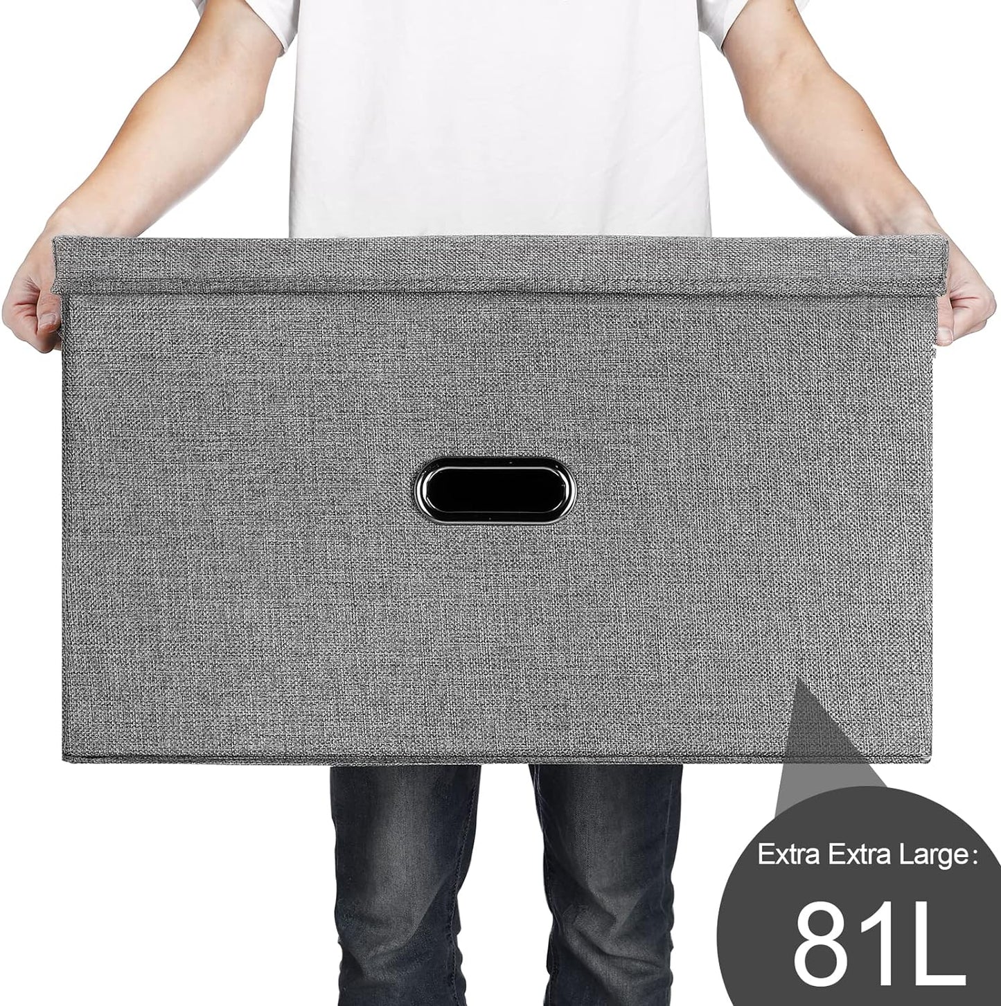 Large Linen Fabric Foldable Storage Bins with Removable Lid and Handles, Washable Storage Box Organizer Containers Baskets Cube with Cover for Bedroom,Office(Black, XXL)