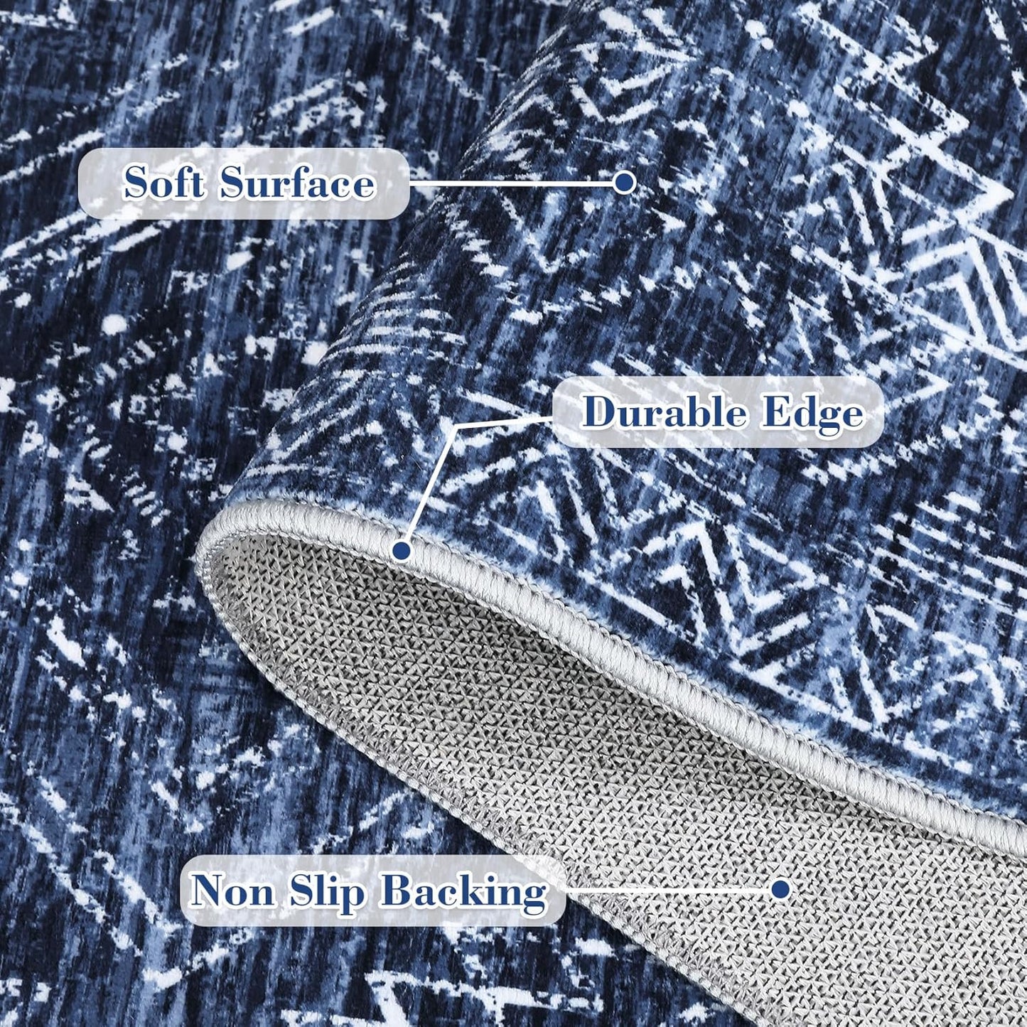 COZYLOOM Washable Area Rugs 10x13 Vintage Non Slip Low Pile Rug Soft Throw Floor Cover Geometric Tribal Foldable Indoor Carpet for Living Room Bedroom Playroom Nursery, Blue