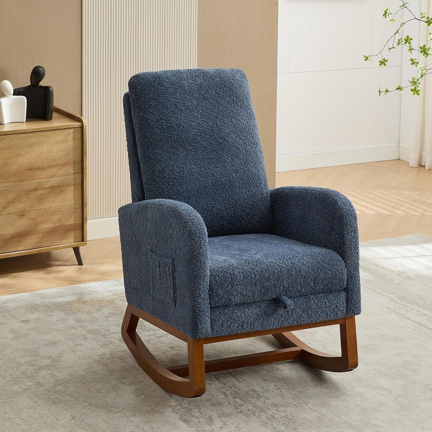 Nursery Rocking Chair with Foot Rest, Upholstered Glider Chair with Two Side Pockets, High Back Nursing Chair, Rocker Accent Armchair for Bedroom Living Room (Navy)
