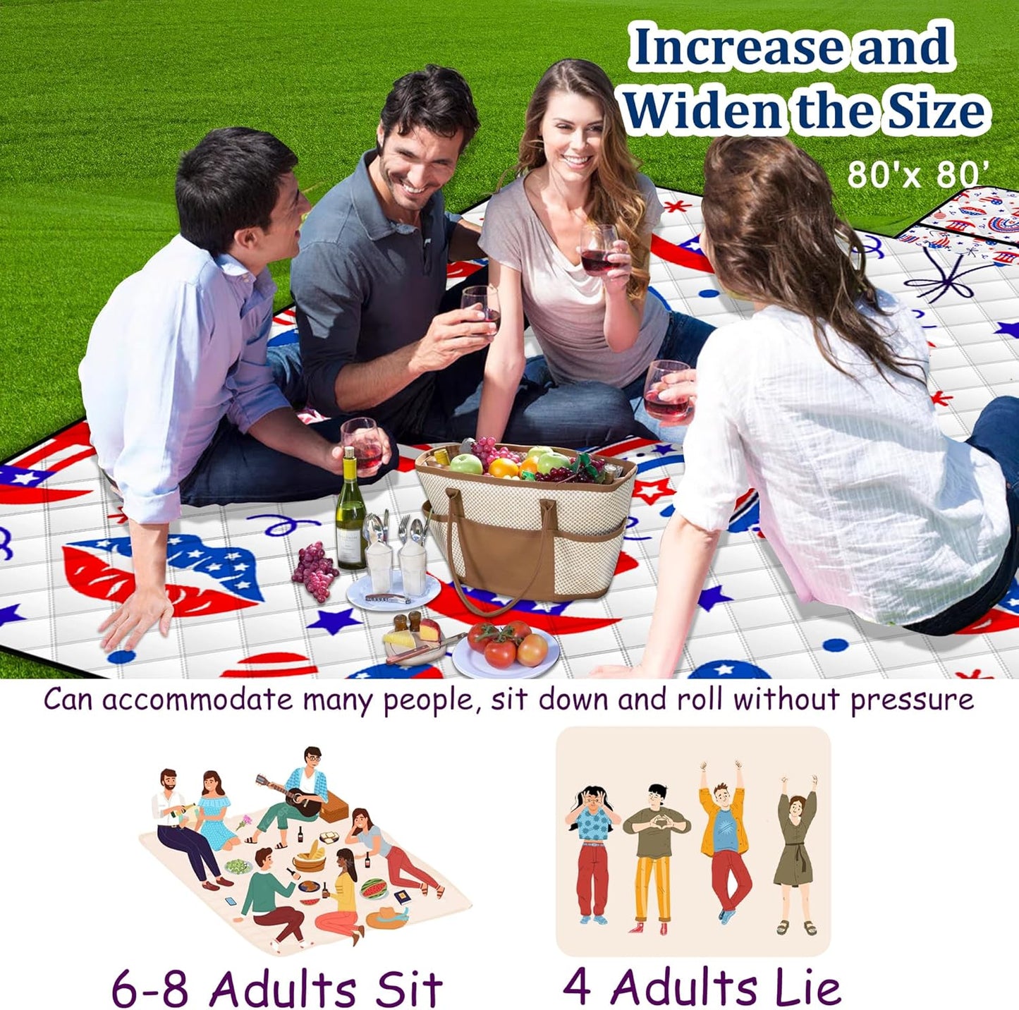 Extra Large Picnic Blanket Waterproof,80"x 80"Foldable Machine Washable Beach Blanket,Outdoor Blanket for 6-8 Adults,Suitable for Indoor Crawling,Park Beach,Camping,Hiking,Family Travel(Blue,Red)