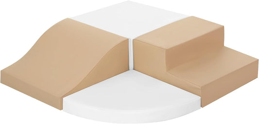 4-Piece Soft PU Leather Toddlers Climbing Toys, Baby Foam Climbing Blocks for Toddlers 3, Foam Play Gym Climbing Structures, Indoor Climb and Crawl Activity Play Set (White and Coffee)