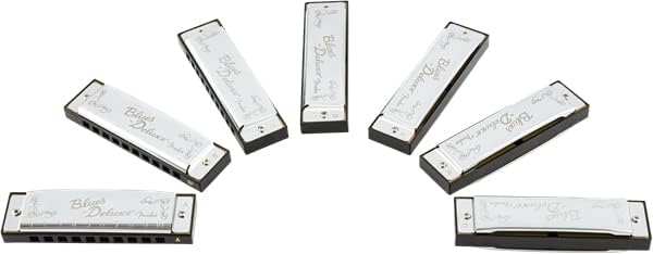 Fender Blues Deluxe Harmonica Pack of 7 Bundle with Carrying Case, Austin Bazaar Beginner Manual, and Polishing Cloth - Keys A, Bb, C, D, E, F, and G