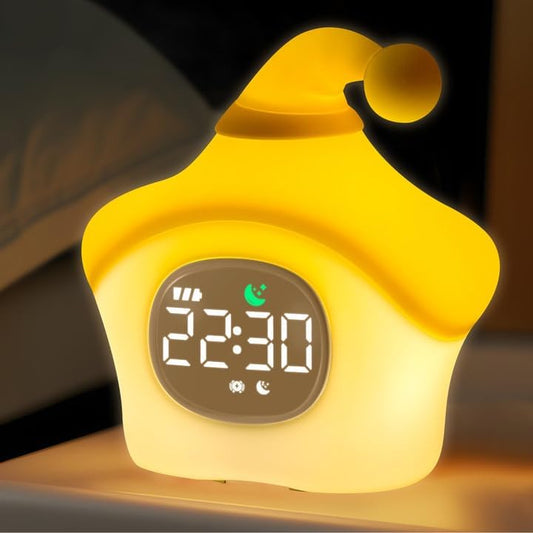 Star Alarm Clock with Night Light for Kids with Sleep Training and Sound Machine, Rechargeable Silicone Lamp OK to Wake Clock，Cute Animal Tabletop Lamp, Perfect Sleep Companion for Boys Girls, Yellow