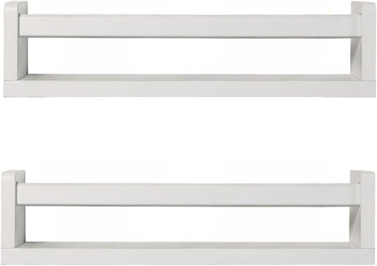 Nursery Book Shelves | Set of 2 Wood Floating Shelves for Kids Room, Kitchen Spice Rack, or Rustic Wall Mounted | Farmhouse Bathroom Décor (White)