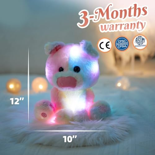 Glow Guards 12'' Light up Rainbow Piggy Stuffed Animal,LED Soft Farm Animal Pig Plush Toy with Night Lights,Ideal Children's Day Birthday Hoilday Gift for Toddler Kids