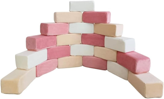 Wonder Space Plush Foam Blocks - Nursery Building & Stacking Toys for Toddlers Boys & Girls, Soft Smooth Velvet Cover, Early Education Gross Motor Skills & Brain Development (24 Bricks, Soft Blush)