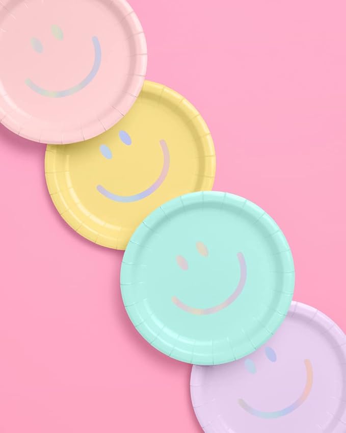 xo, Fetti Smiley Paper Plates - 24 pk, 9" | Happy Pastel Birthday Party Decorations, Cute Bachelorette Party, Cool Cake Plates