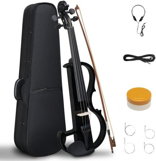 Electric Violin 4/4 Kit, Beginner Violin for Adults, Students,Full Size Violins Set with Case, Bow, Rosin, and Headphones,Black