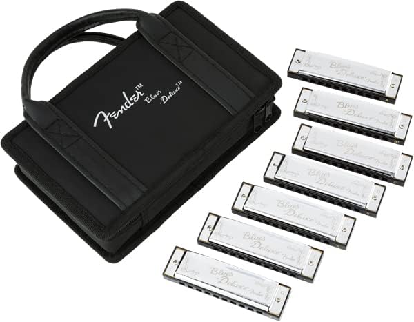 Fender Blues Deluxe Harmonica Pack of 7 Bundle with Carrying Case, Austin Bazaar Beginner Manual, and Polishing Cloth - Keys A, Bb, C, D, E, F, and G