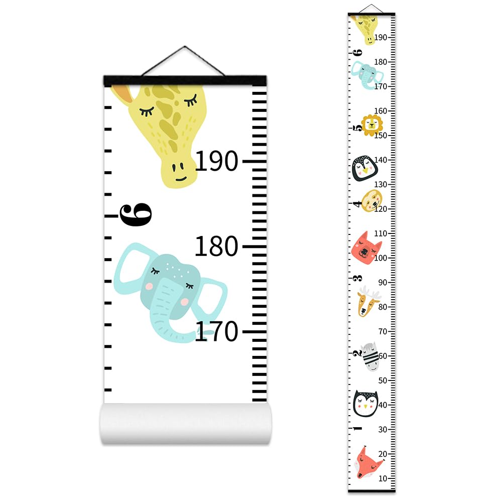 Cute Animals Growth Chart for Kids Baby Height Chart Ruler Removable Canvas Wooden Frame Hanging Wall Rulers Measurement Charts for Toddler Room Nursery Decor - 79"X7.9" with Black Wood