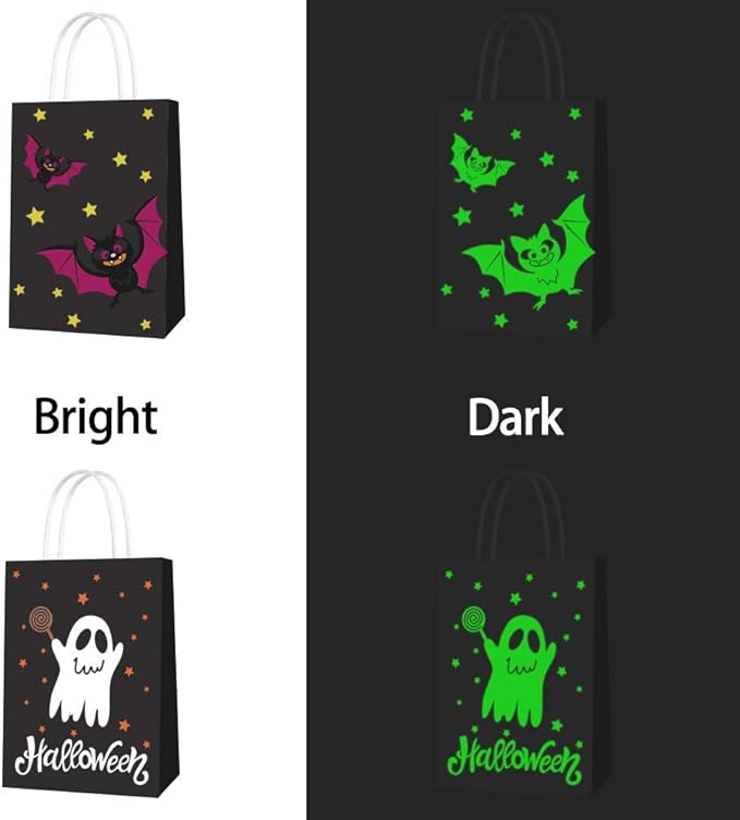 16 PCS Halloween Treat Bags for Kids Trick or Treat Candy Bags, Glow in The Dark Bags with Handles for Halloween Party Favors