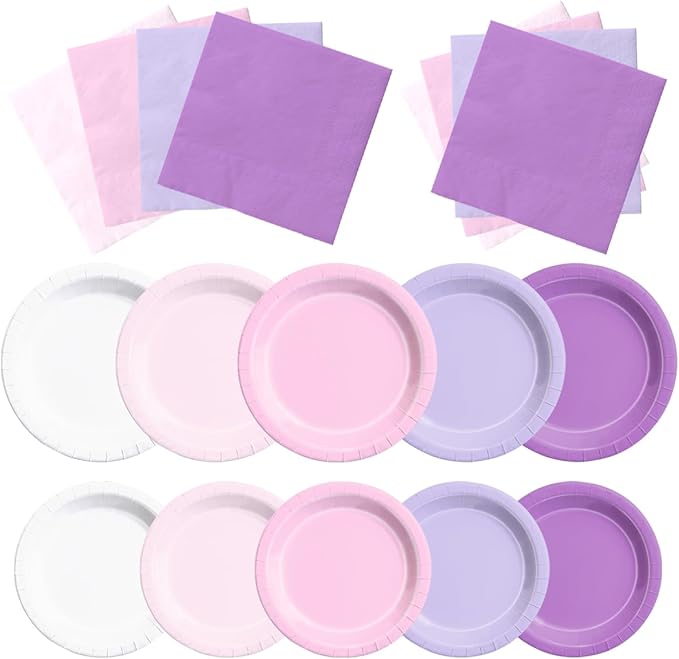 CMUSKO Pink and Purple Decorations-150Pcs Light Purple Pink Plates and Napkins Serves 50,Lavender Tableware Birthday,Birthday,Wedding