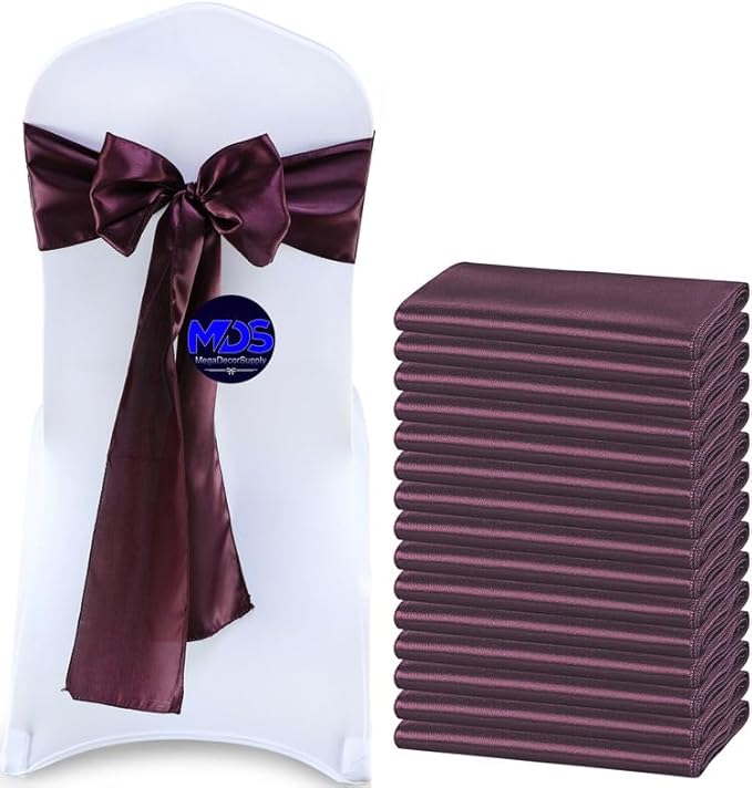 MDS Pack of 75 PCS Satin Chair Sashes Charmeuse Sateen Dining Chair Bows Ribbon Ties Back Sash for Wedding Party Birthday Home Hotel Restaurant Banquet Decoration (7 x 108 Inch, Plum)