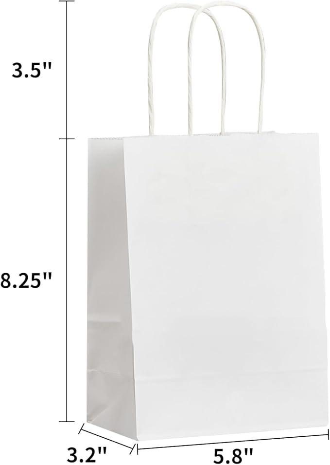 METAPRINT 100 Pack Paper Gift Bags with Handles in Bulk, 5.8x3.2x8.25 Inch Small White Kraft Paper Bag for Birthday Party Favors Grocery Retail Shopping Business Goody