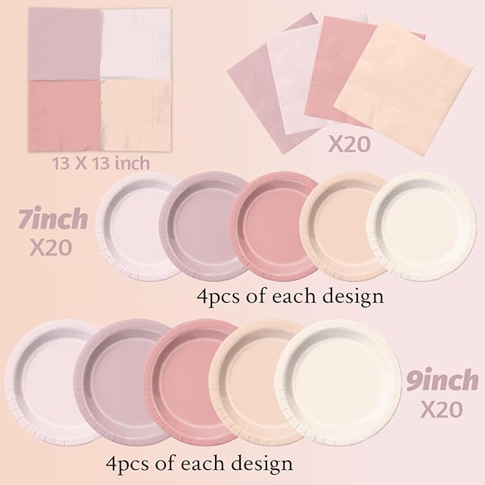 CMUSKO Pink Birthday Decorations - 60pcs Retro Dusty Pink Plates & Napkins Kit Boho Theme Tableware for Baby Shower,Wedding, Bridal Shower