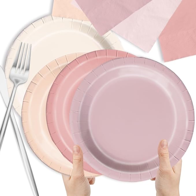 CMUSKO Pink Birthday Decorations - 60pcs Retro Dusty Pink Plates & Napkins Kit Boho Theme Tableware for Baby Shower,Wedding, Bridal Shower