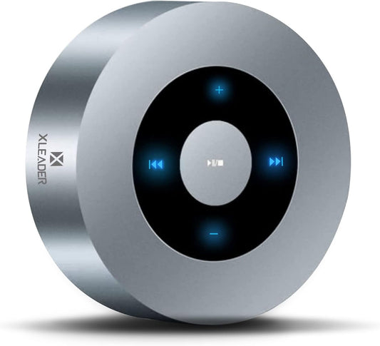 XLEADER Travel Case Packed, Upgraded, Bluetooth Wireless Speaker, Custom Bass Radiator, LED Touch Design, Tiny Pocket Speaker, Mic/TF Card/Aux, 15H Playtime, for Travel Kitchen Office, Space Silver