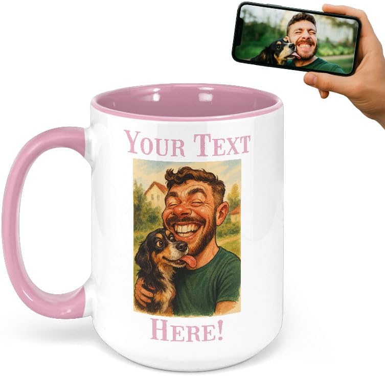 Personalized Coffee Mug, Custom Photo Caricature Gift, Funny Customized Coffee Gift for Men & Women, Custom Mugs with Pictures, Pink 15oz Customized Ceramic Tea Cup