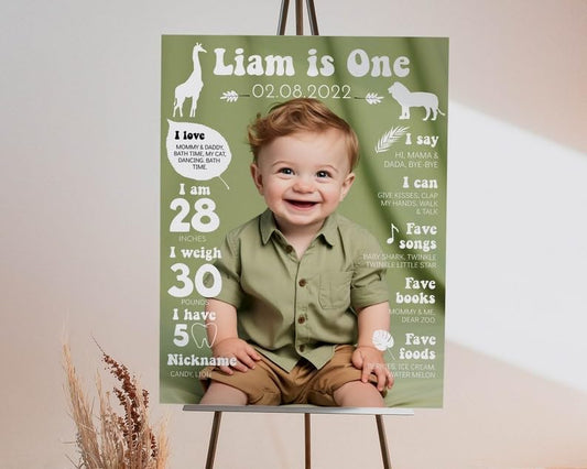 Generic Personalized First Birthday Milestone Sign, My First Year Photo Poster, Wild One First Year Baby Milestone Board, Design 014