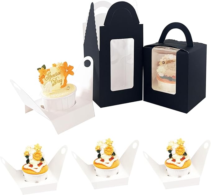 Bakepacker Auto-pop up Individual Cupcake Boxes with Window 25 Count Black Single Cupcakes Box 3.6 x 3.6 x 4.3inch Cupcake Carrier
