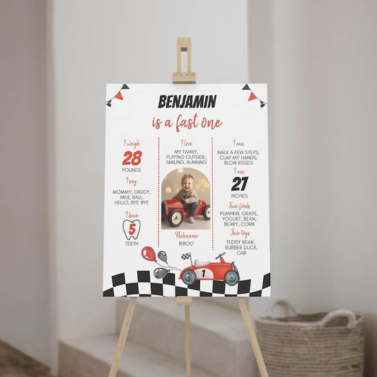 Personalized Fast One Birthday Milestone Photo Poster, Race Car 1St Birthday Milestone Sign, Racing Car Birthday Sign, Design 010