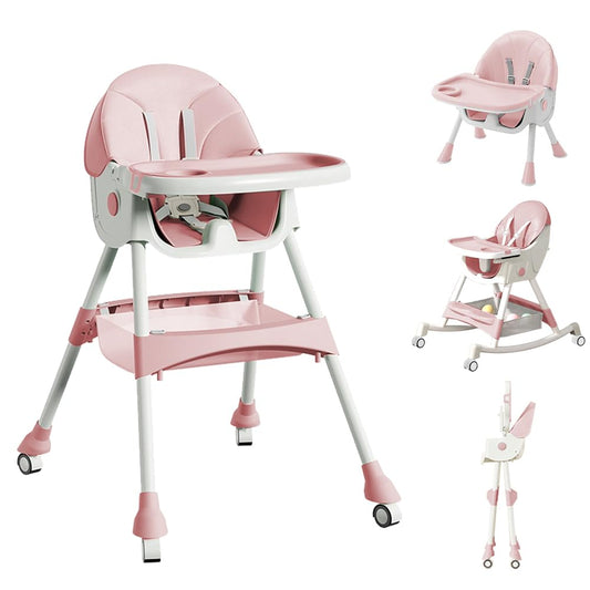 High Chairs for Babies and Toddlers, 4 in 1 Convertible Baby High Chair, Portable High Chair for Travel with Adjustable Height and Back, Foldable HighChair with Wheels& Pu Cushion