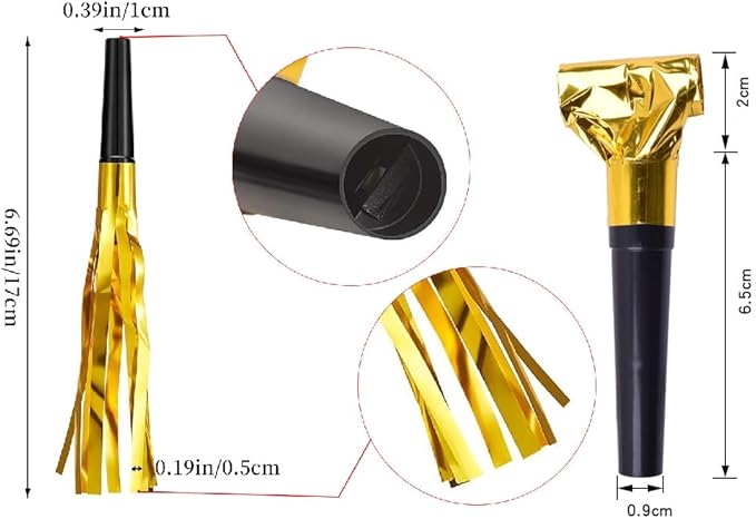 24pcs Party Blowers,Gilding Noisemakers Party Blowouts Squawkers Fringed Noise Maker,Birthday Noisemakers Birthday Blow Horns Party Whistles (Black and gold)
