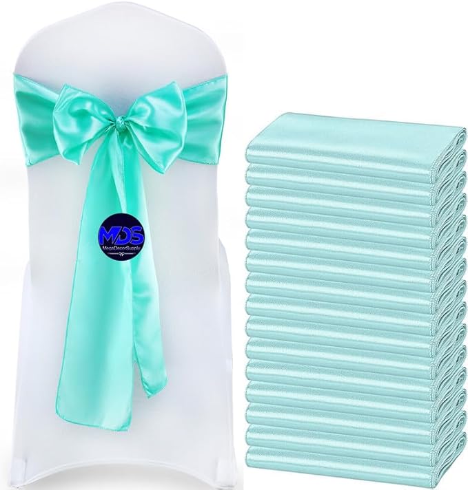 MDS Pack of 75 PCS Satin Chair Sashes Charmeuse Sateen Dining Chair Bows Ribbon Ties Back Sash for Wedding Party Birthday Home Hotel Restaurant Banquet Decoration (7 x 108 Inch, Sea Green)