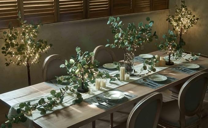 Hairui Lighted Artificial Eucalyptus Garland 6FT 96 LED Battery Operated Faux Vine Lights with Timer for Spring Wedding Backdrop Wall Decor