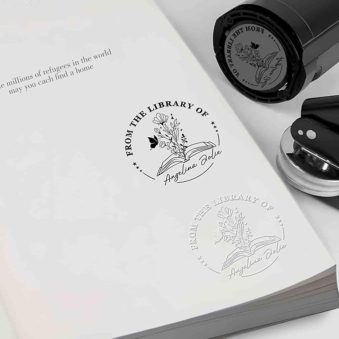 Book Embosser Personalized - Embosser Stamp Custom for Book, Cards, Paper, Napkins, Perfect for Book Lovers, Personal Library and Wedding, A Thoughtful Gift for Any Occasion - Flower 02