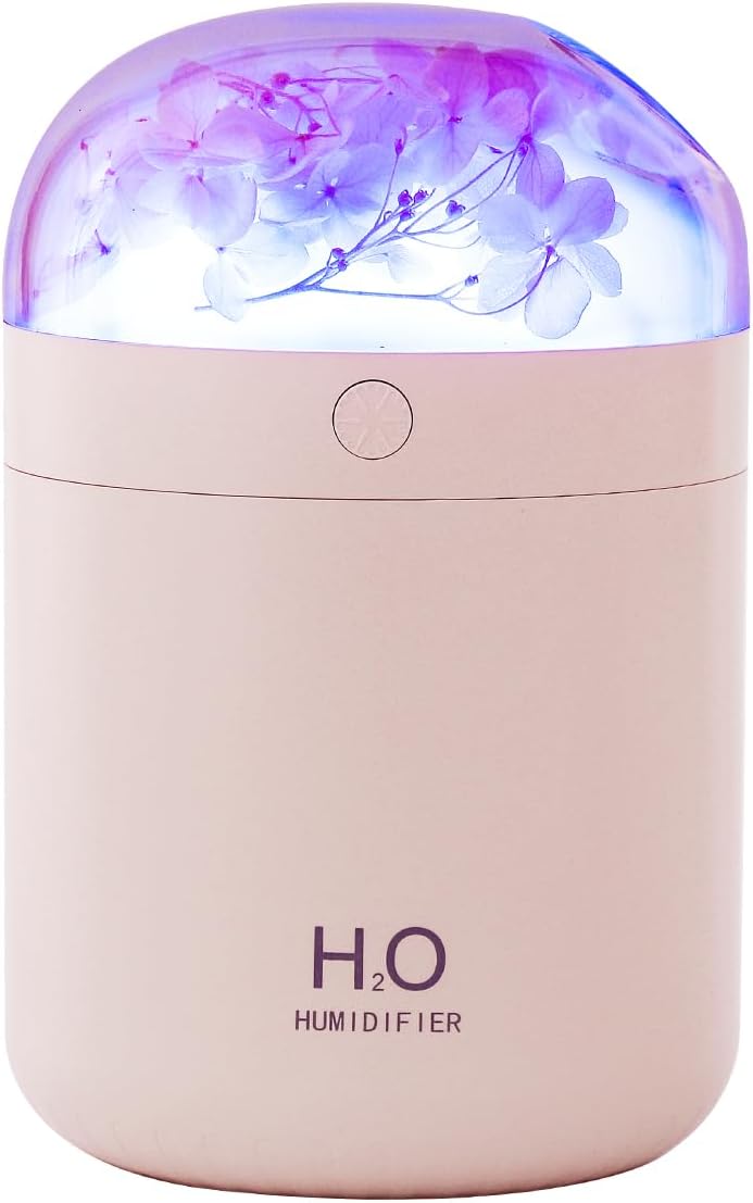 Portable Small Hydrangea Humidifiers for Bedroom Baby, Mini Cool Mist Plant Humidifier for Plants, Quiet Desktop Humidifier with 2 Working Modes & Colorful Night Light for Travel, Office, Bedroom