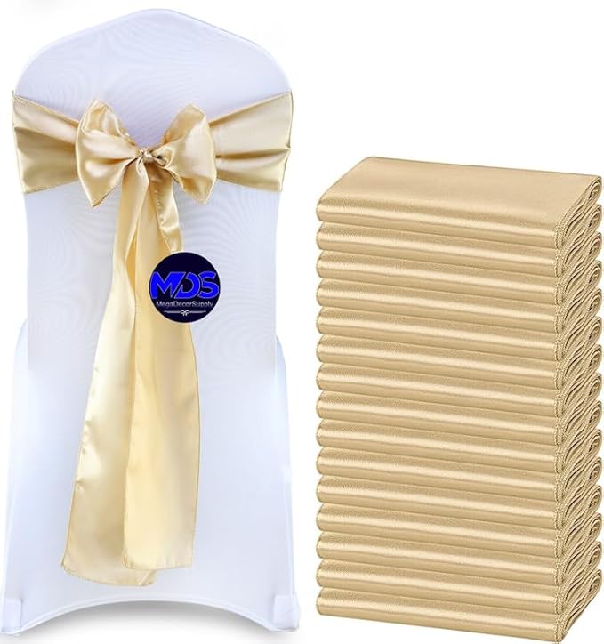 MDS Pack of 300 PCS Satin Chair Sashes Charmeuse Sateen Dining Chair Bows Ribbon Ties Back Sash for Wedding Party Birthday Home Hotel Restaurant Banquet Decoration (7 x 108 Inch, Champagne Gold)